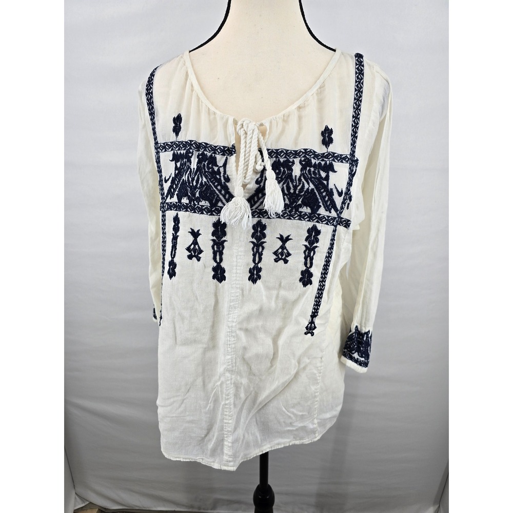 World Market Ivory‎ Navy Blue Embroidered Tassel Peasant Blouse Top L/XL